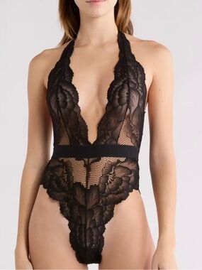 KILO BRAVA Floral lace Halter Teddy Bodysuit